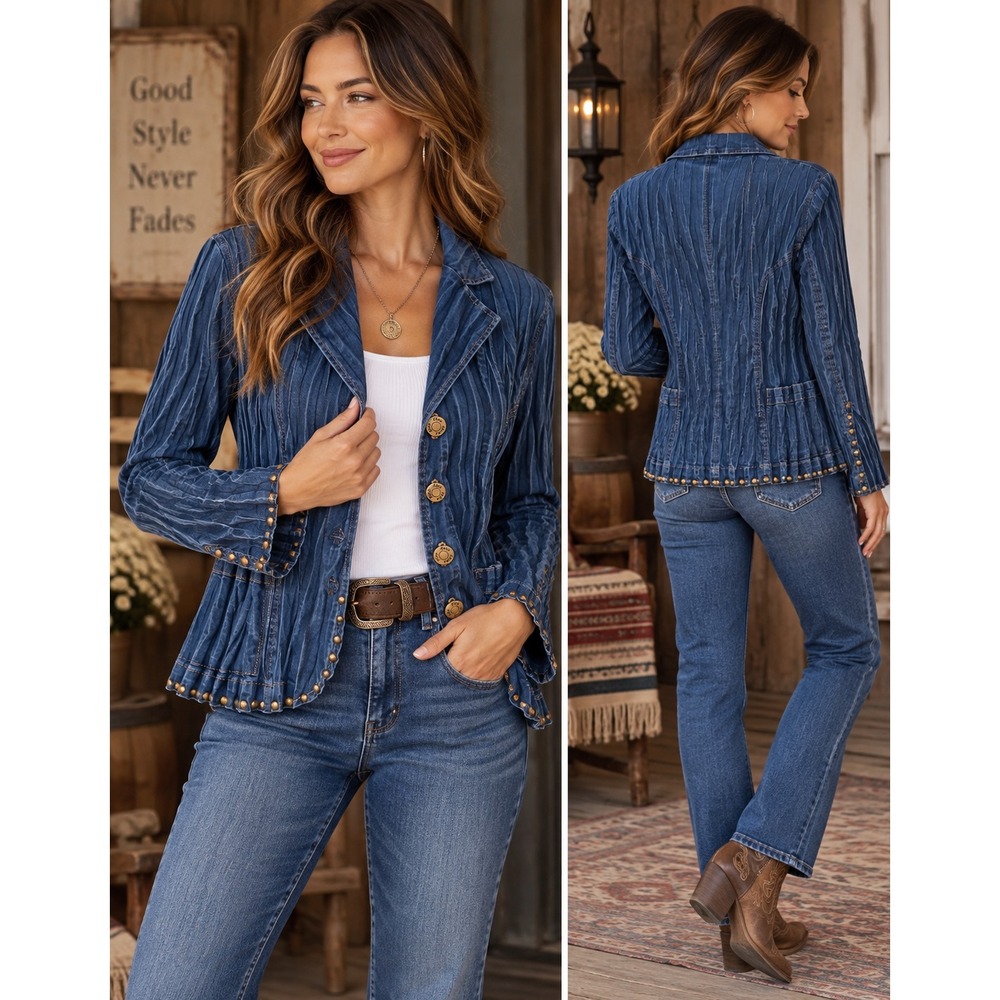 Womens M Blue Crinkle Denim Jacket Studded Western Boho Lagenlook Y2K Pleated